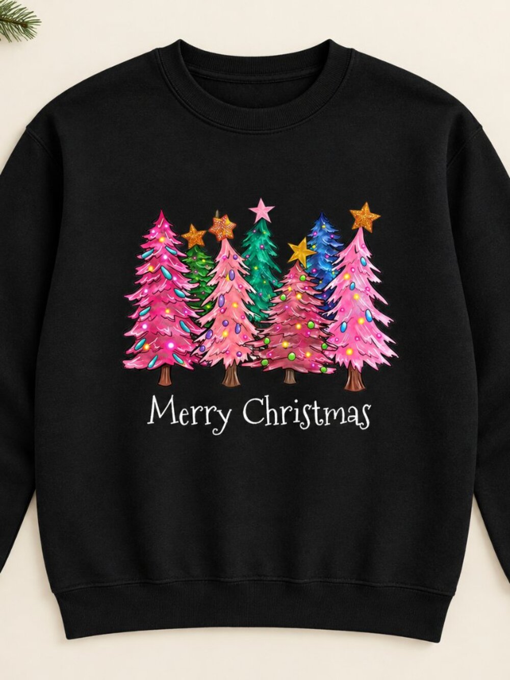 Pink Christmas Trees Sweatshirt Bright Retro Holiday Top Xmas Gift Hoodie